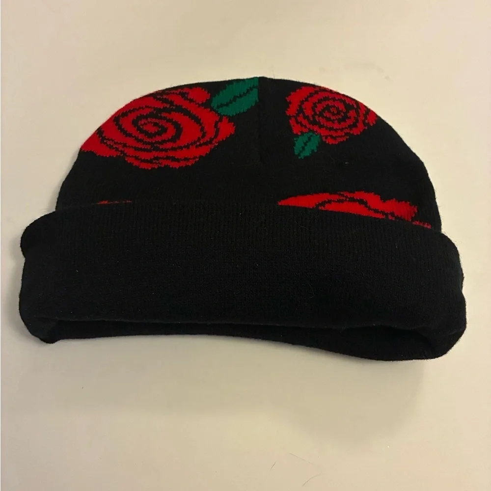 Black Beanie with Red Rose Design - Picture 3 of 4